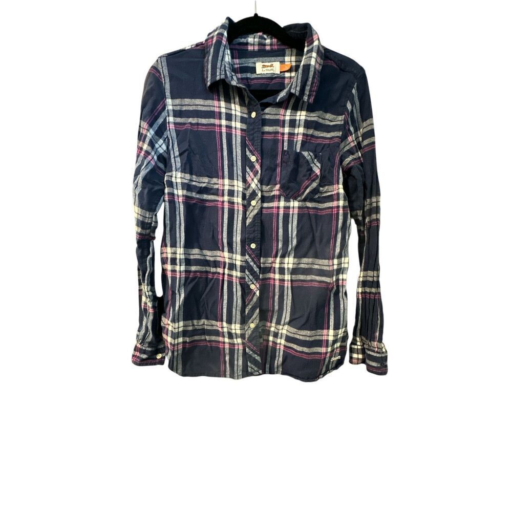 Le Tigre Blue Pink Flannel Women's Button Up Size XL